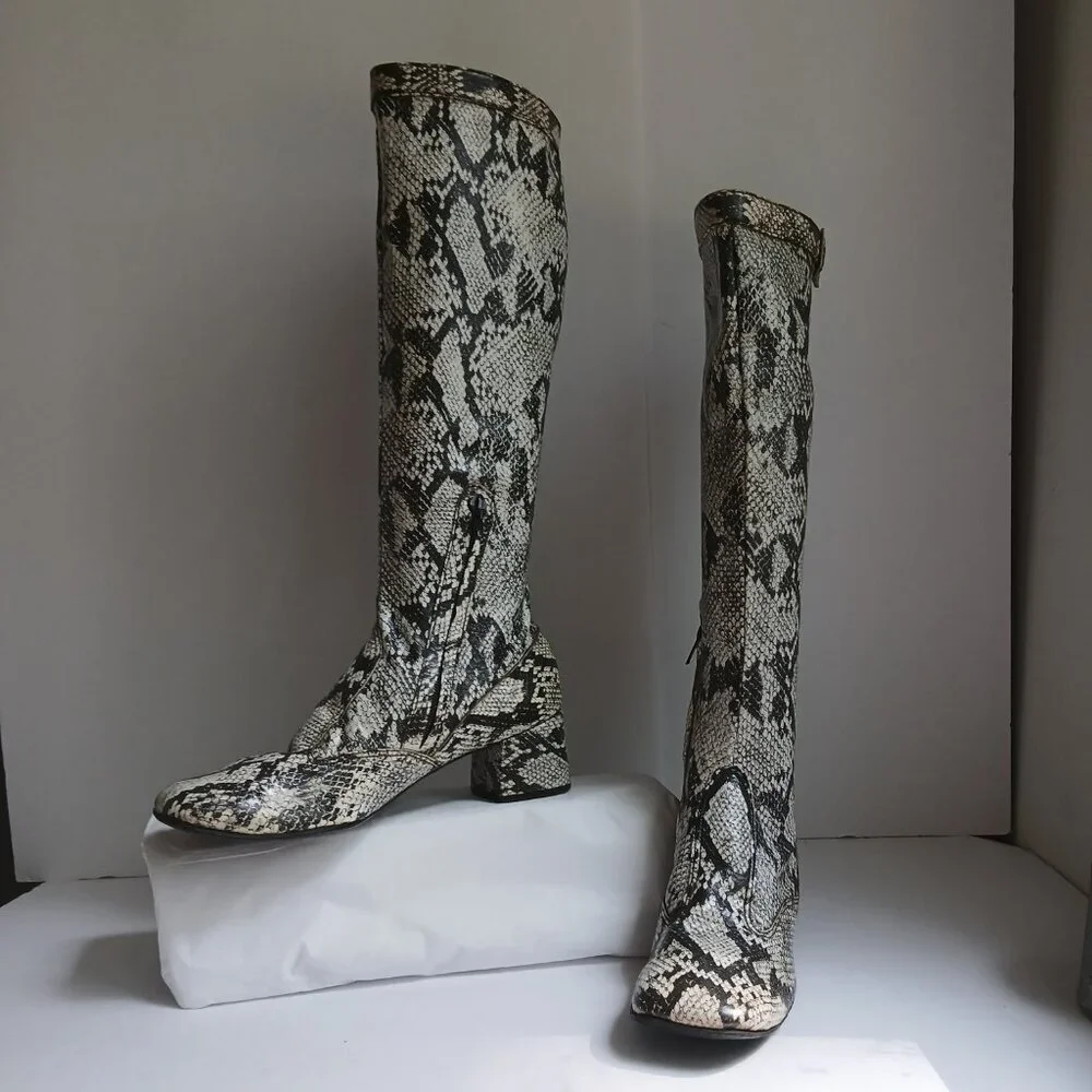 Vintage60's/70's  SnakePrint KneeHigh BlockHeel SquareToe Mod GoGoBoots Sz8 - Picture 14 of 14